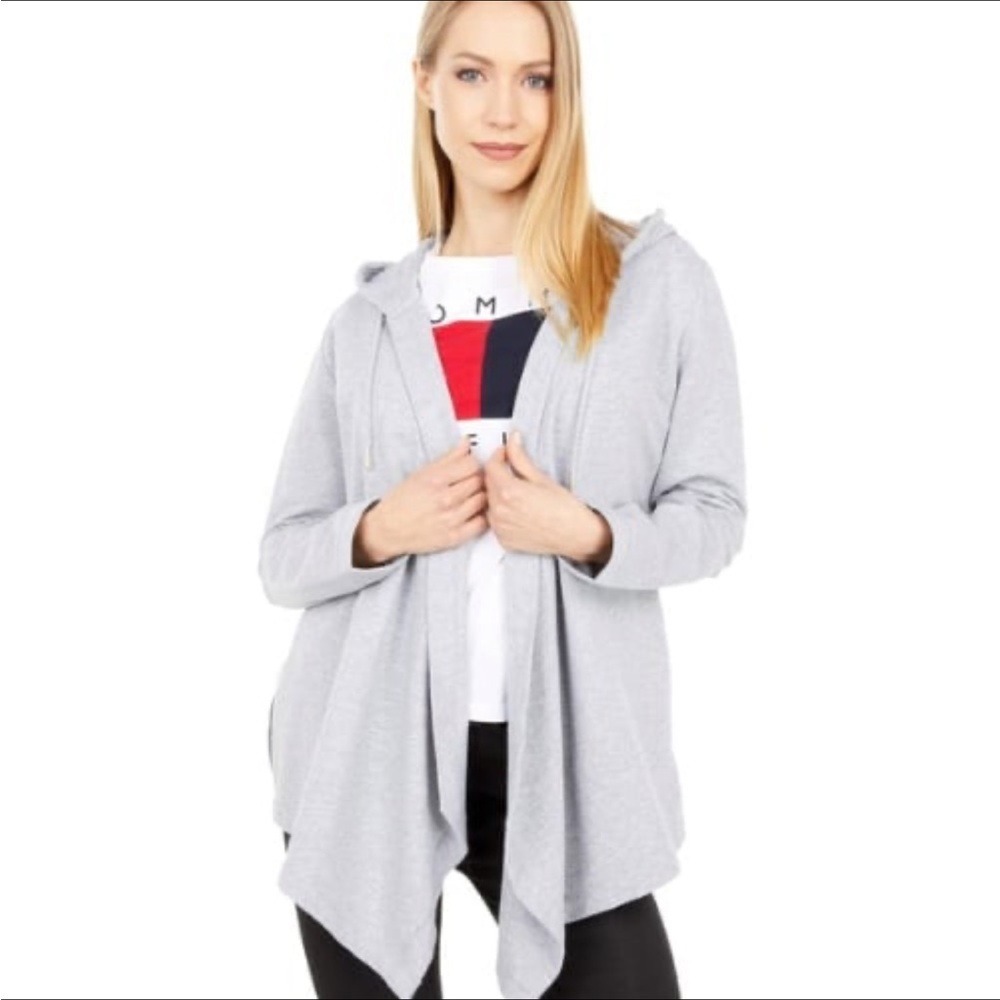 Tommy Hilfiger Women Gray Hooded Cardigan Open‎ Front Waterfall Draped Small